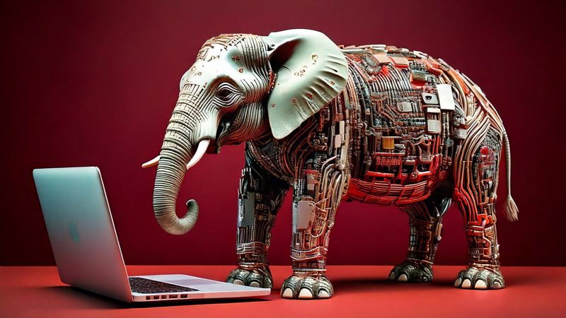 A robot elephant covered in computer circuits standing on a red surface with a laptop